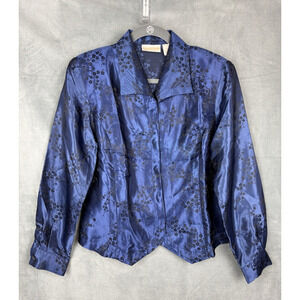 Christie & Jill Blue Satin Button-Up Blouse Sz 8 Black Floral Cherry Blossoms
